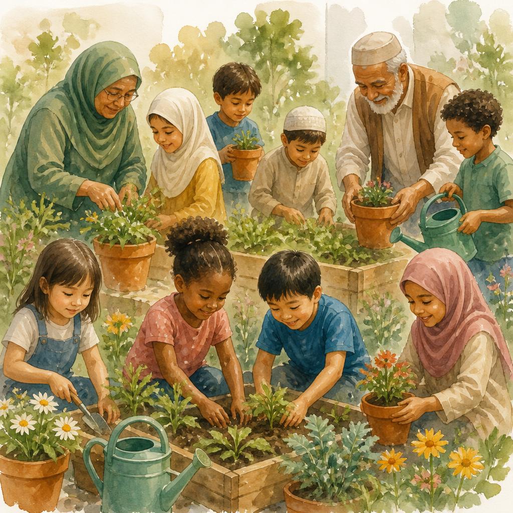 Children tending a community garden