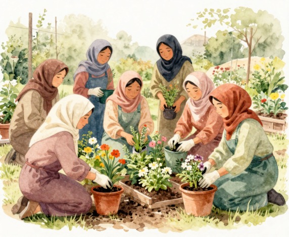 Community members in conversation outdoors